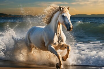 Obraz na płótnie Canvas Exhilarating Horse galloping seaside. Summer running. Generate Ai