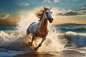 Horse galloping seaside. Summer running. Generate Ai