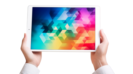 Hand holds a tablet in a conceptual scene illustrating creativity and innovation in technology. A dynamic image perfect for conveying modern digital concepts.