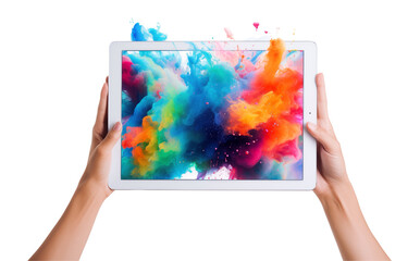 Hand holding a tablet, an idea emerging vibrantly. Conceptual image illustrating creativity and innovation using a diverse and vibrant tablet. Creative technology concept. - Powered by Adobe