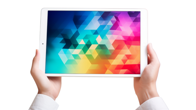 Hand holds a tablet in a conceptual scene illustrating creativity and innovation in technology. A dynamic image perfect for conveying modern digital concepts.