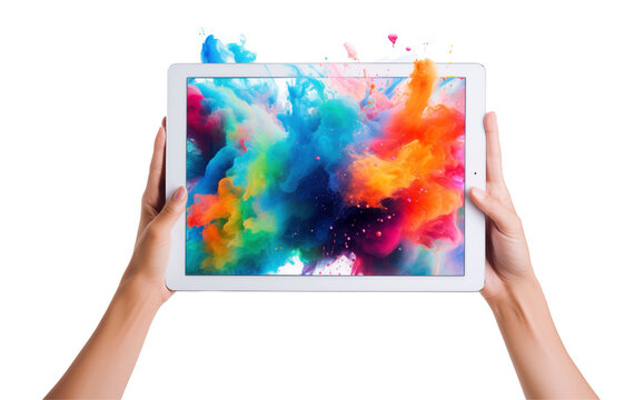 Hand holding a tablet, an idea emerging vibrantly. Conceptual image illustrating creativity and innovation using a diverse and vibrant tablet. Creative technology concept.