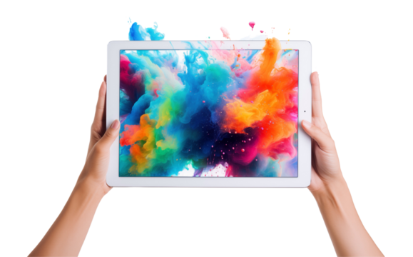Hand holding a tablet, an idea emerging vibrantly. Conceptual image illustrating creativity and innovation using a diverse and vibrant tablet. Creative technology concept.