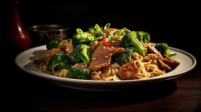 Hot noodles and fresh vegetables on serving plate dark background. AI generated image
