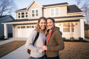 Homosexual lesbian couple against their new house. Real estate, relocation