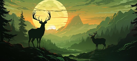 Fototapeta premium Tranquil Deer in Mountainous Green Landscape with Full Moon