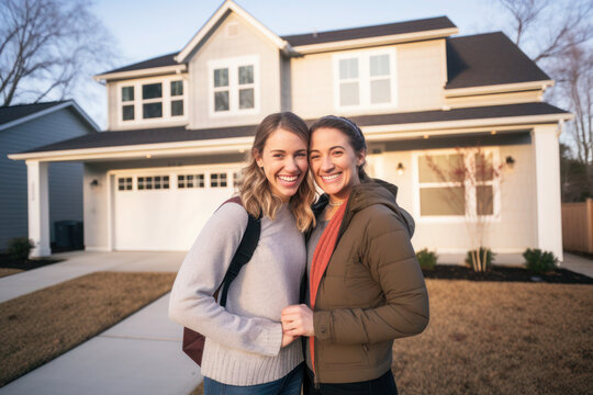 Homosexual lesbian couple against their new house. Real estate, relocation - Powered by Adobe