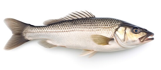 One raw fresh sea bass isolated on white background. AI generated image - obrazy, fototapety, plakaty
