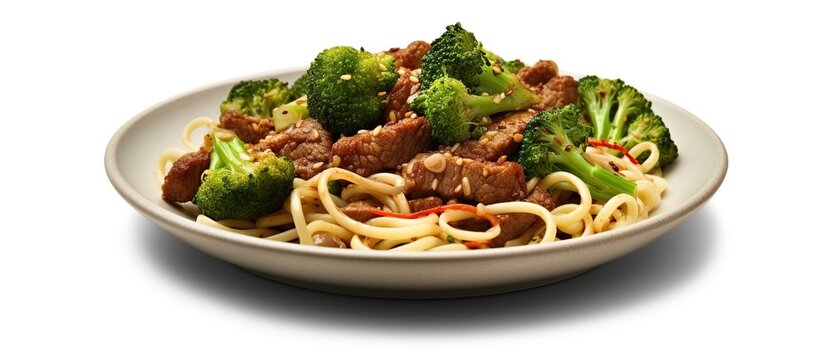 Delicious noodles and fresh vegetables on serving plate. AI generated image