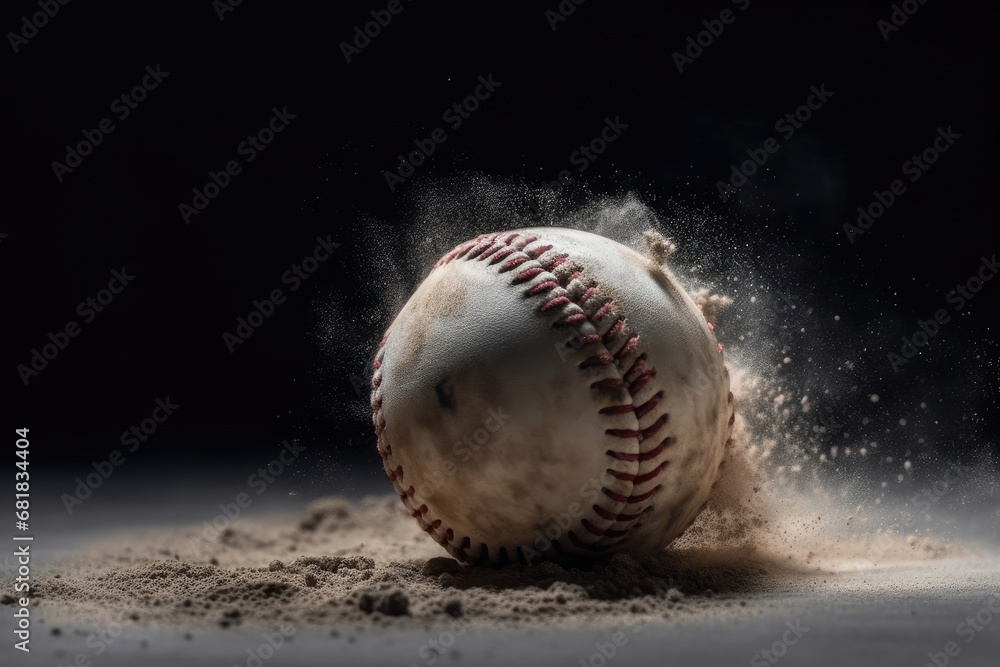 Poster baseball resting in the dusty infield waiting for the next play generative ai