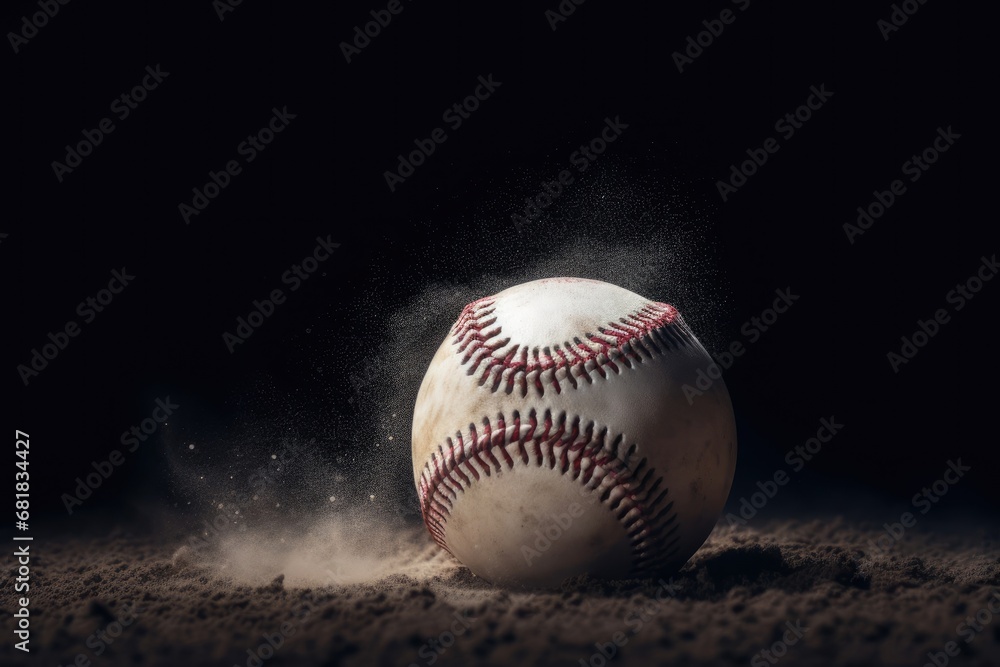 Poster lone baseball rests in the dusty field waiting for the game to begin generative ai