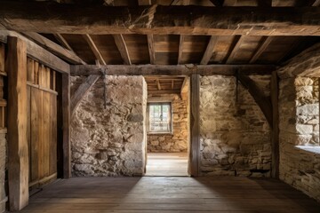 Fototapeta na wymiar Rustic Charm: A Glimpse Inside an Ancient Stone Building with a Weathered Wooden Wall