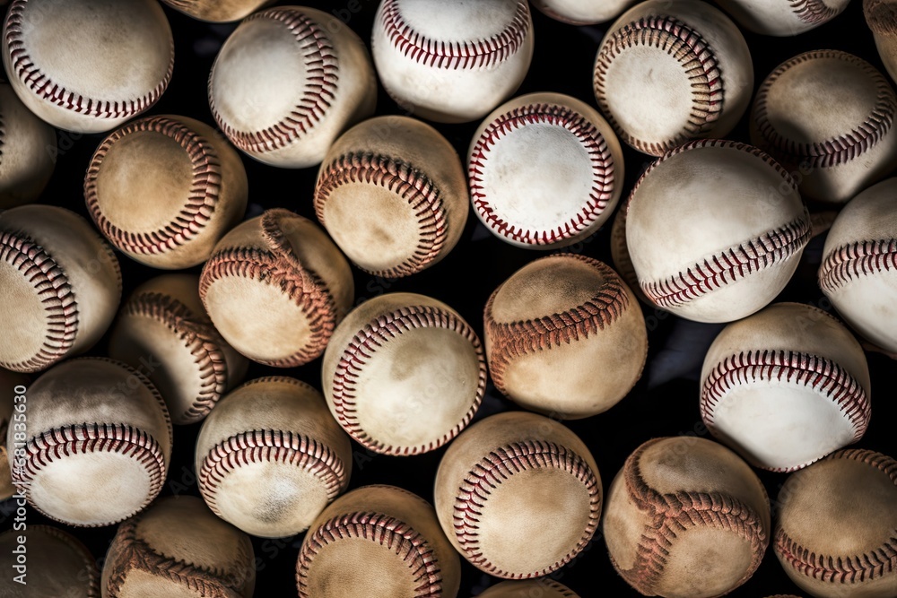 Poster collection of baseballs forming an abstract background generative ai