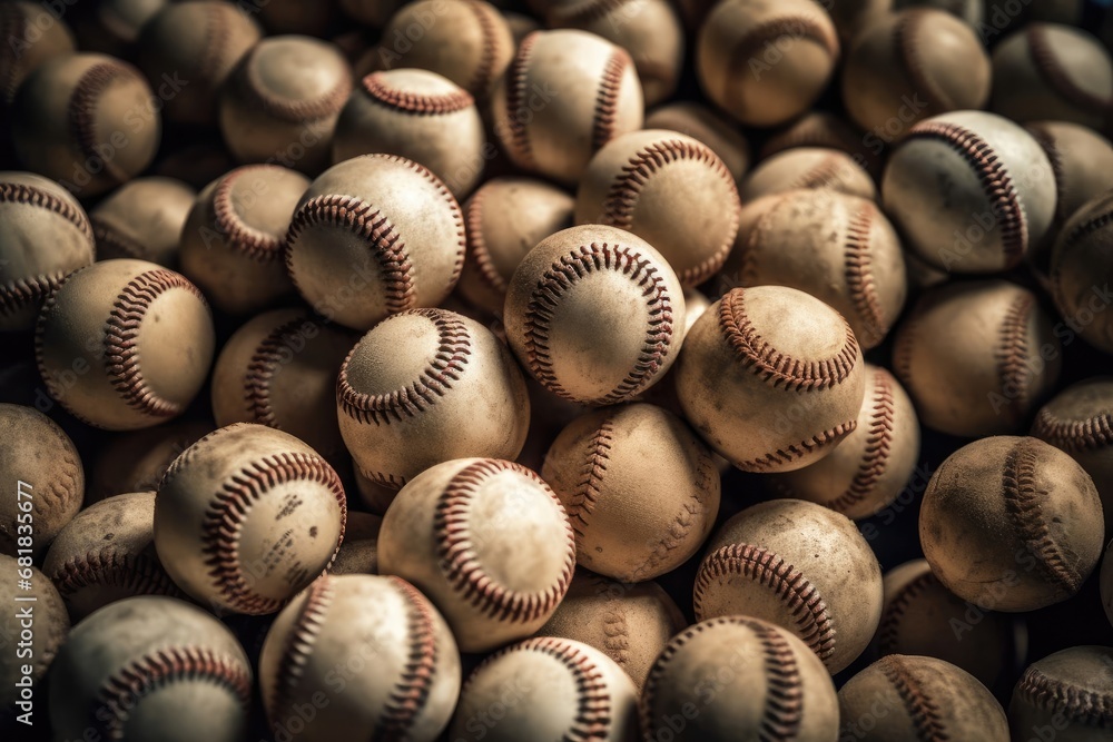 Poster pile of baseballs creating an abstract background generative ai