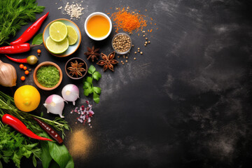 Vegetables and spices on dark background with free space for text, healthy food