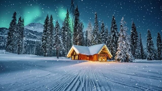Winter setting log cabin in Christmas snow. High-quality 4k footage, Solitary snowbound half-timbered rustic house decorated for Christmas among snow-covered fir tree forest at snowfall winter night