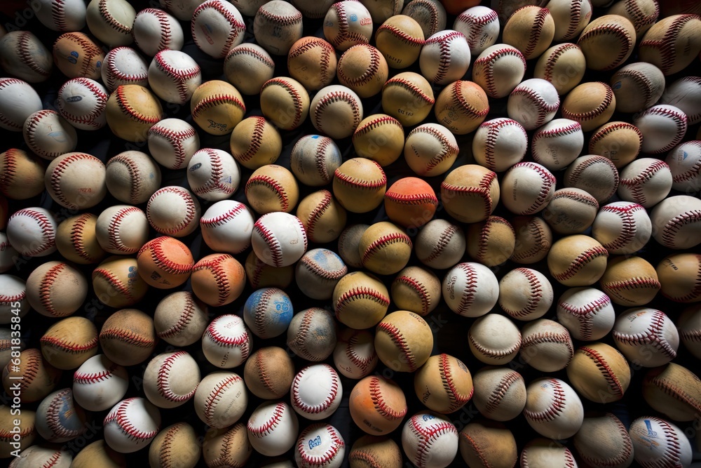 Poster tower of baseballs creating an abstract and textured background generative ai