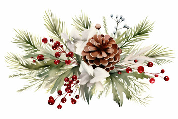Christmas decoration Made of Pine Branches, pine cones, flowers and red berries painted on white background. - obrazy, fototapety, plakaty