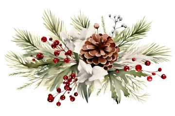 Foto auf Alu-Dibond Christmas decoration Made of Pine Branches, pine cones, flowers and red berries painted on white background. © Elena