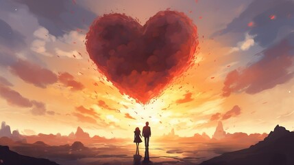 a man and woman standing in front of a heart floating in the sky, watercolor valentines day