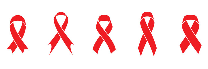 Red ribbon icon set, AIDS icon symbol, illustration of red ribbon isolated on transparent background, Raster version. awareness ribbon as a symbol of humanity, moral support, Symbol of mourning. - obrazy, fototapety, plakaty