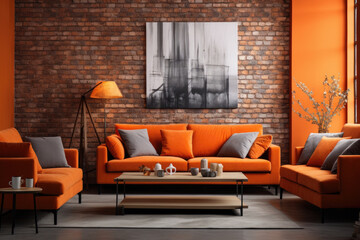 Modern minimal living room design with sofa and colorful furniture