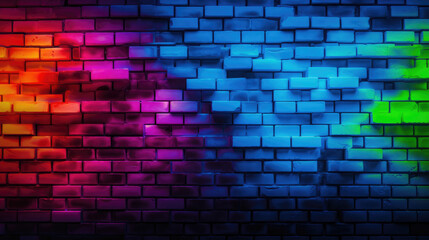 Brick wall background, neon colors lights grunge texture or pattern for design. Generative ai