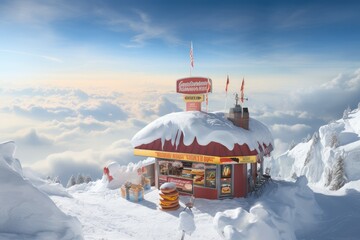 Hot dog shop on snow mountains. Sprite bokeh. Generate Ai - obrazy, fototapety, plakaty