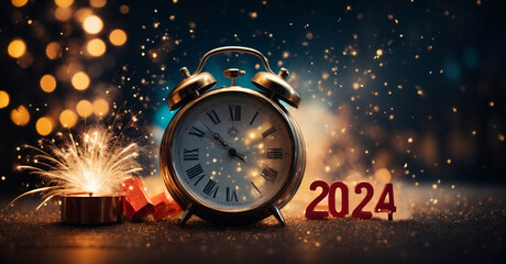Obraz na płótnie Canvas Countdown Elegance. Happy New Year 2024 in Glittering Midnight Sky