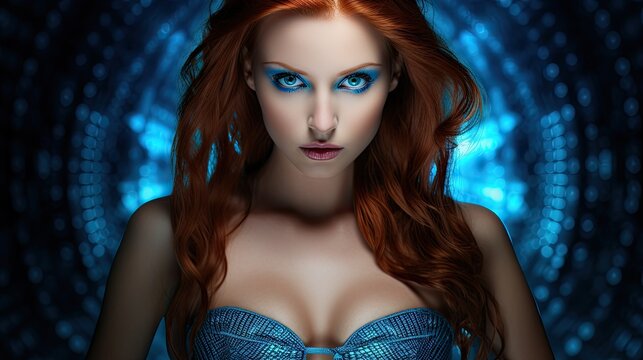 The young woman with long, fiery red hair exuded an alluring beauty as she modeled the sexy blue lingerie set, showcasing her graceful figure and captivating eyes, causing heads to turn.