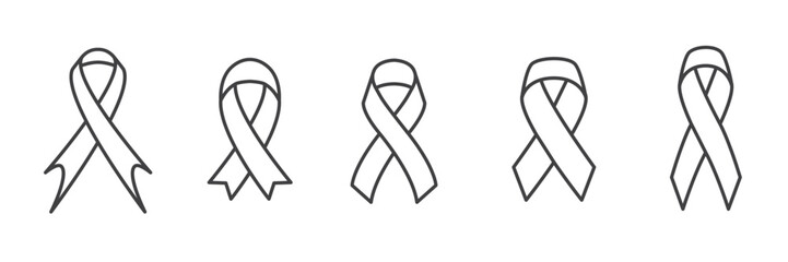 Black awareness ribbon line icon on transparent background. Symbol of mourning and melanoma. Raster version. awareness ribbon as a symbol of humanity, moral support. illustration of black line ribbon. - obrazy, fototapety, plakaty