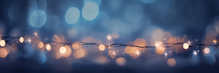 Panoramic background with colorful bokeh effect. Golden abstract lights on dark Holiday garland...