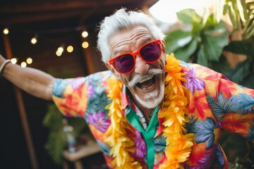Portrait of happy senior man in colorful hawaiian outfit and sunglasses.