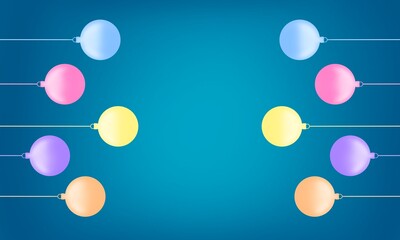 Colored Christmas balls hanging horizontally on a blue background