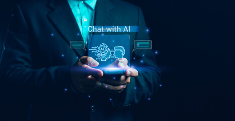 Concept chat AI, man using application smartphone, conversation Artificial Intelligence robot on...