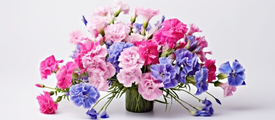 In a studio shot, a vivid pink bouquet of carnation and delphinium flowers is beautifully arranged on a white background, creating a nature-inspired celebration with white and blue accents. The
