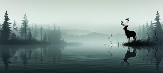 Tranquil Deer Reflection in Misty Landscape