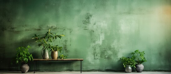 The vintage green wall had a weathered and aging look, with a textured surface that showcased the retro paint and decorative stucco, portraying an old and grunge structure made of concrete
