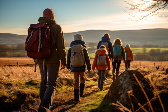 Seniors And Family Of Hikers Walking. Happy Family And Senors Hiking At Autumn In Nature. Generative AI Concept