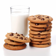 chocolate chip cookies and milk isolated. generative ai