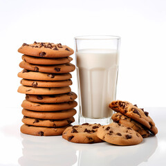 chocolate chip cookies and milk isolated. generative ai