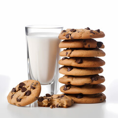 chocolate chip cookies and milk isolated. generative ai