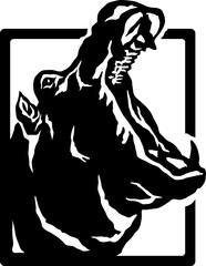 A Hippo (hippopotamus) Opening Its Large Mouth Inside the Frame with Hand Drawn Style
