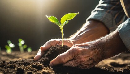 Farmer hands planting seedlings in vegetable garden. Gardening in spring. Homemade products in organic farming. Sustainable and environment protection concept.	 - obrazy, fototapety, plakaty