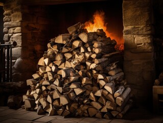 An inviting scene featuring neatly stacked chopped firewood, ready for winter heating. The rustic charm of the logs evokes warmth and sustainability in a cozy, eco-friendly setting