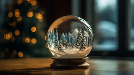 Fototapeta na wymiar Christmas snow globe. Christmas glass ball with winter scene snow and trees inside. Gifts, Christmas toy. Festive greeting card. Surprise for New Year or Christmas. New Year concept. Decor concept.