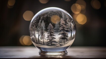 Obraz na płótnie Canvas Christmas snow globe. Christmas glass ball with winter scene snow and trees inside. Gifts, Christmas toy. Festive greeting card. Surprise for New Year or Christmas. New Year concept. Decor concept.