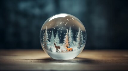 Christmas snow globe. Christmas glass ball with winter scene snow and trees inside. Gifts, Christmas toy. Festive greeting card. Surprise for New Year or Christmas. New Year concept. Decor concept.