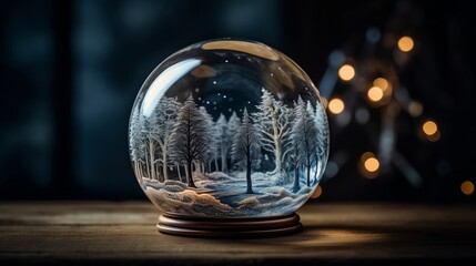 Christmas snow globe. Christmas glass ball with winter scene snow and trees inside. Gifts, Christmas toy. Festive greeting card. Surprise for New Year or Christmas. New Year concept. Decor concept.