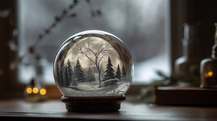 Obraz na płótnie Canvas Christmas snow globe. Christmas glass ball with winter scene snow and trees inside. Gifts, Christmas toy. Festive greeting card. Surprise for New Year or Christmas. New Year concept. Decor concept.